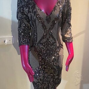 Little Mistress Silver Sequin Long Sleeve Dress